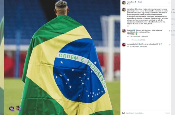 Lula comenta em post de Richarlison e cita “calote da ilha”